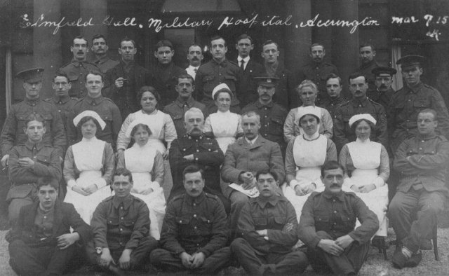 Mr. Gatty, Dr. Clegg, staff and patients at Elmfield Hall Military Hospital, Accrington, March 1915